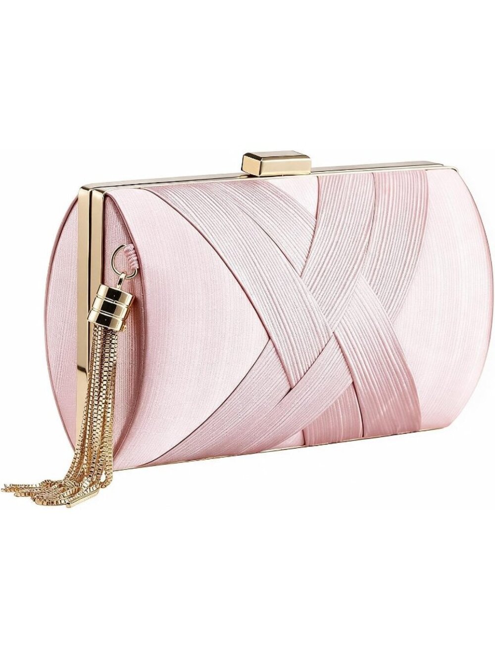Women's Pink Silk Satin Clutch Purse Pearl Tassel With Chain Evening Bag